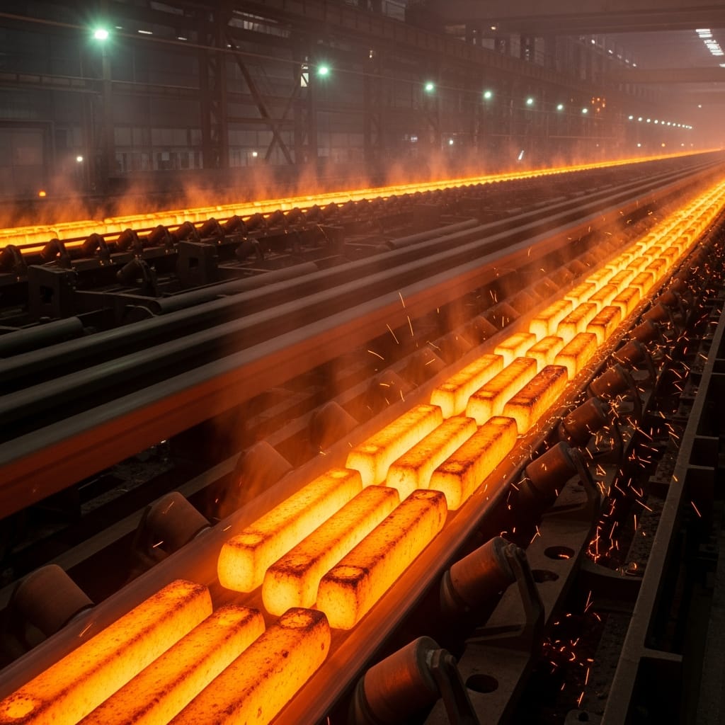 Continuous casting producing the raw billets that will become our signature TMT bars.
